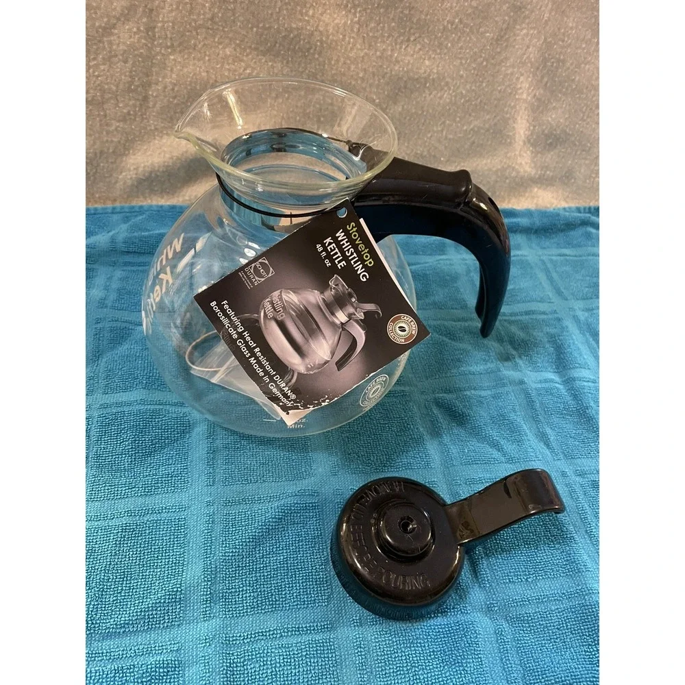 Medelco Whistling Kettle 12 Cup Glass Stovetop Tea Coffee Pot Carafe Decanter